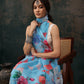 Blue Polyester Digital Print Abstract Saree with Unstitched Blouse - Hiral Fashion | Swadesiicart