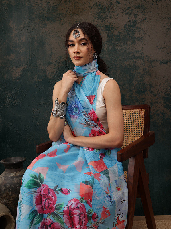 Blue Polyester Digital Print Abstract Saree with Unstitched Blouse - Hiral Fashion | Swadesiicart