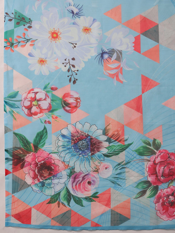 Blue Polyester Digital Print Abstract Saree with Unstitched Blouse - Hiral Fashion | Swadesiicart