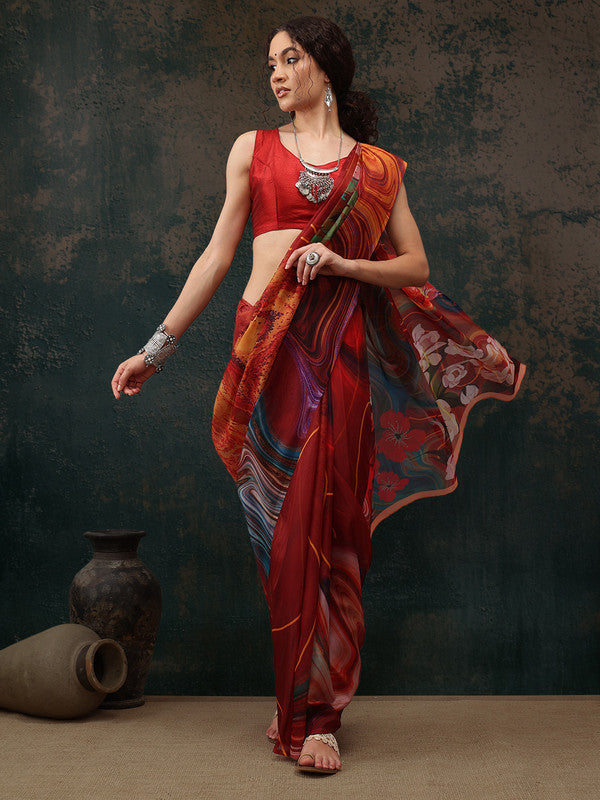 Brown Polyester Digital Print Abstract Saree with Unstitched Blouse - Hiral Fashion | Swadesiicart