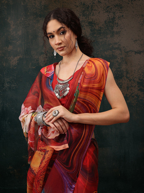 Brown Polyester Digital Print Abstract Saree with Unstitched Blouse - Hiral Fashion | Swadesiicart