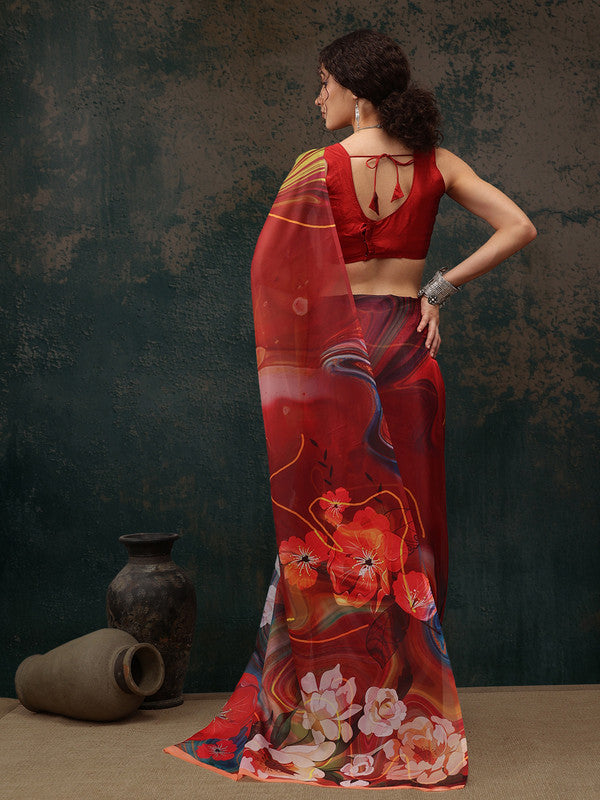 Brown Polyester Digital Print Abstract Saree with Unstitched Blouse - Hiral Fashion | Swadesiicart