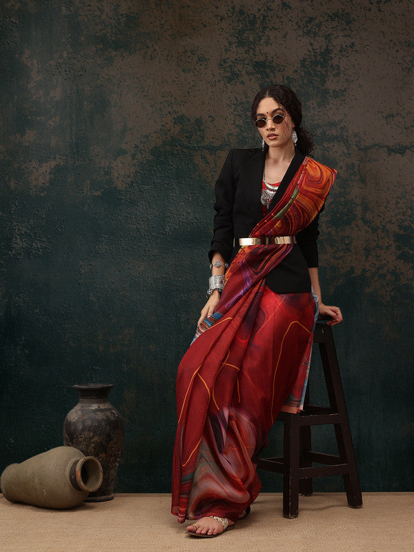 Brown Polyester Digital Print Abstract Saree with Unstitched Blouse - Hiral Fashion | Swadesiicart
