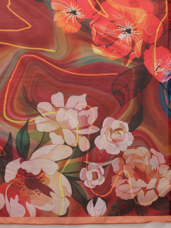 Brown Polyester Digital Print Abstract Saree with Unstitched Blouse - Hiral Fashion | Swadesiicart