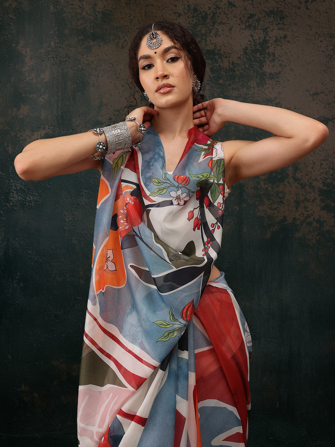 Multicolor Polyester Digital Print Abstract Saree with Unstitched Blouse - Hiral Fashion | Swadesiicart