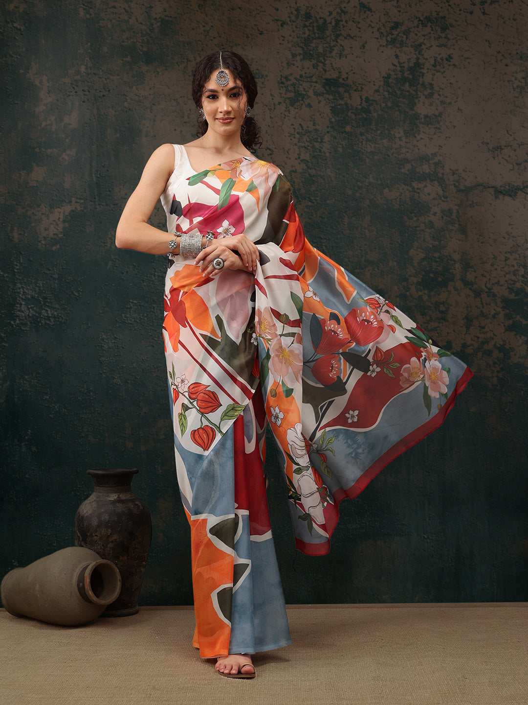 Multicolor Polyester Digital Print Abstract Saree with Unstitched Blouse - Hiral Fashion | Swadesiicart