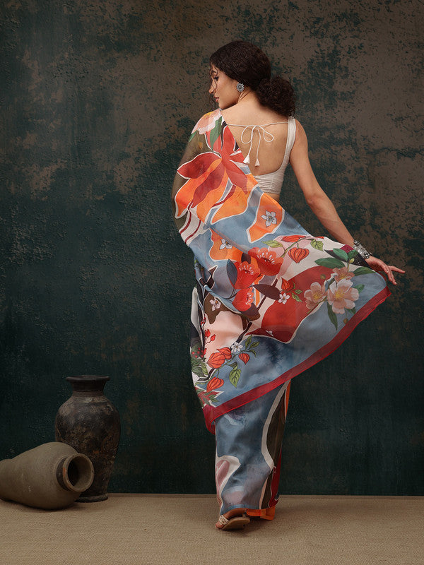 Multicolor Polyester Digital Print Abstract Saree with Unstitched Blouse - Hiral Fashion | Swadesiicart