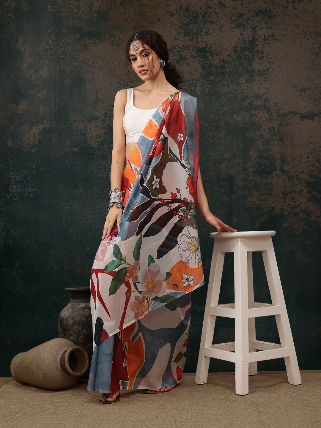 Multicolor Polyester Digital Print Abstract Saree with Unstitched Blouse - Hiral Fashion | Swadesiicart
