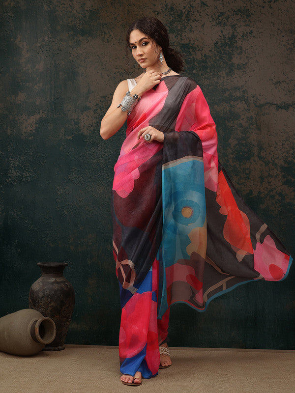 Multicolor Polyester Digital Print Abstract Saree with Unstitched Blouse - Hiral Fashion | Swadesiicart