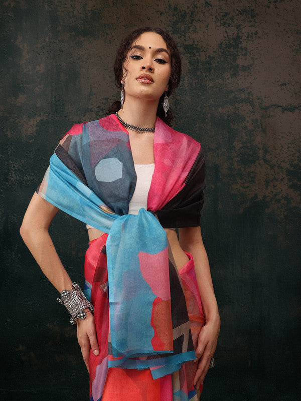 Multicolor Polyester Digital Print Abstract Saree with Unstitched Blouse - Hiral Fashion | Swadesiicart