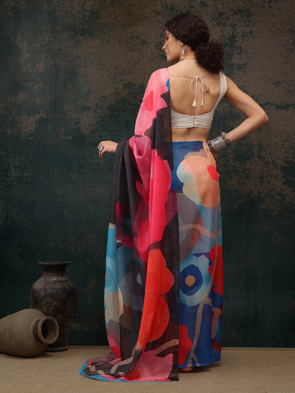 Multicolor Polyester Digital Print Abstract Saree with Unstitched Blouse - Hiral Fashion | Swadesiicart