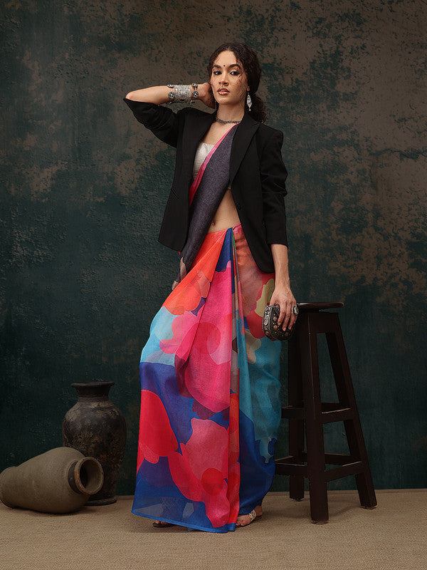 Multicolor Polyester Digital Print Abstract Saree with Unstitched Blouse - Hiral Fashion | Swadesiicart