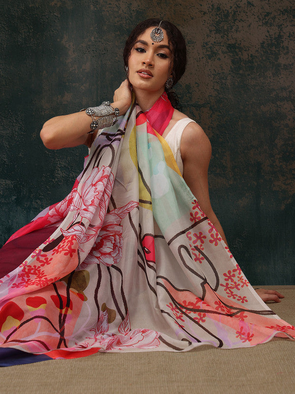 Multicolor Polyester Digital Print Abstract Saree with Unstitched Blouse - Hiral Fashion | Swadesiicart