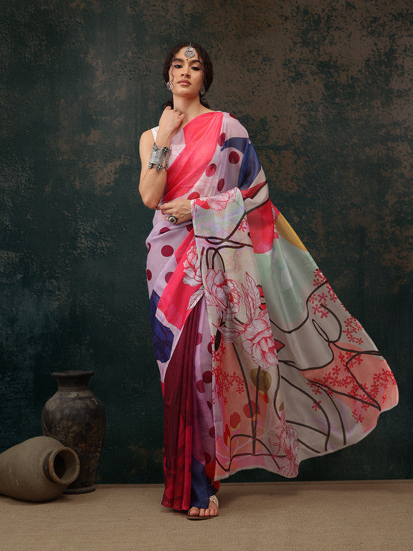 Multicolor Polyester Digital Print Abstract Saree with Unstitched Blouse - Hiral Fashion | Swadesiicart