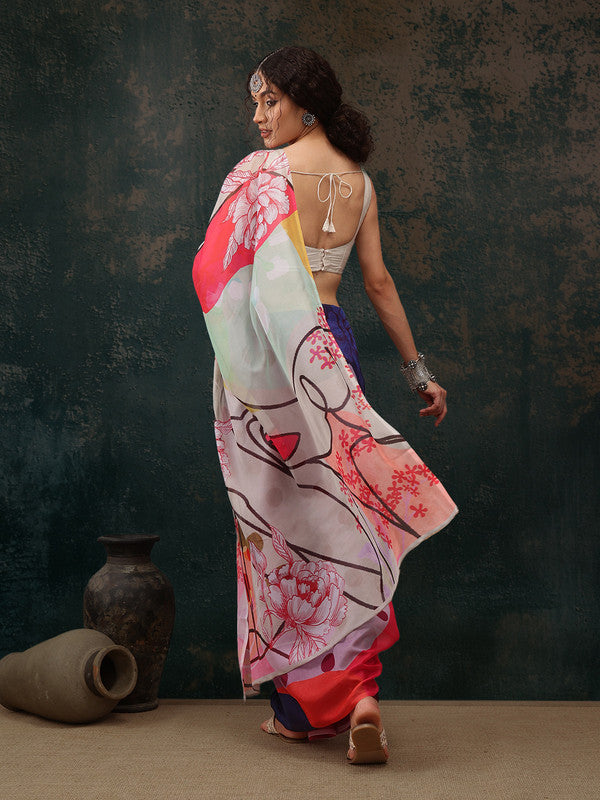 Multicolor Polyester Digital Print Abstract Saree with Unstitched Blouse - Hiral Fashion | Swadesiicart