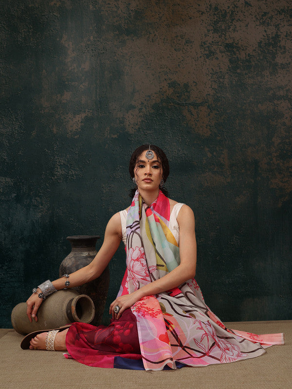 Multicolor Polyester Digital Print Abstract Saree with Unstitched Blouse - Hiral Fashion | Swadesiicart