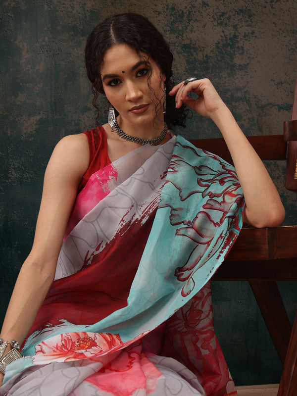Multicolor Polyester Digital Print Abstract Saree with Unstitched Blouse - Hiral Fashion | Swadesiicart