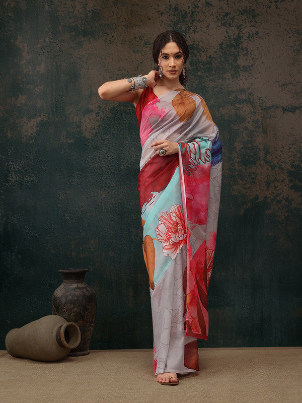 Multicolor Polyester Digital Print Abstract Saree with Unstitched Blouse - Hiral Fashion | Swadesiicart