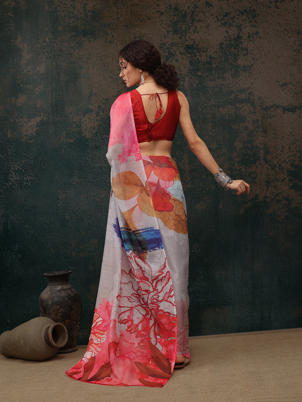 Multicolor Polyester Digital Print Abstract Saree with Unstitched Blouse - Hiral Fashion | Swadesiicart