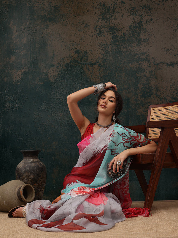 Multicolor Polyester Digital Print Abstract Saree with Unstitched Blouse - Hiral Fashion | Swadesiicart