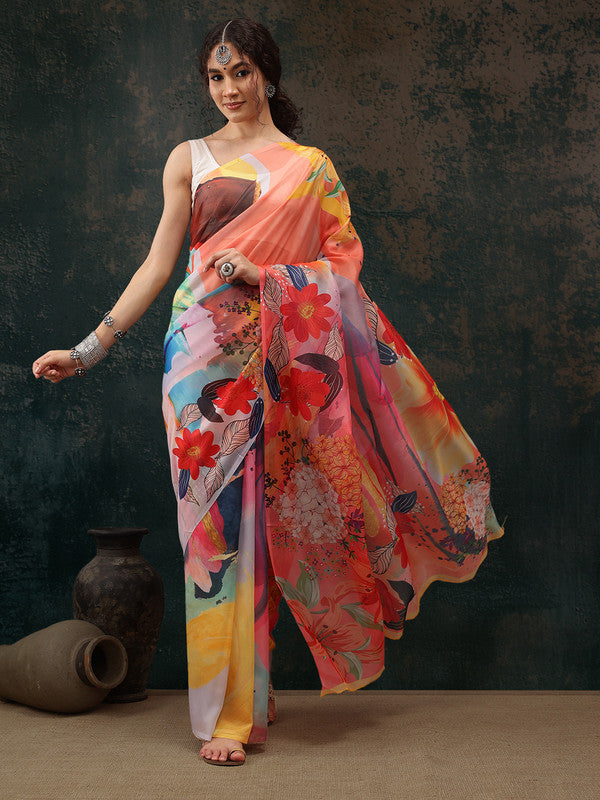 Multicolor Polyester Digital Print Abstract Saree with Unstitched Blouse - Hiral Fashion | Swadesiicart