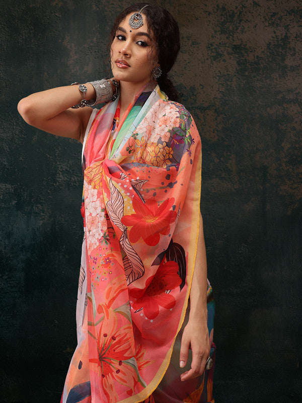 Multicolor Polyester Digital Print Abstract Saree with Unstitched Blouse - Hiral Fashion | Swadesiicart