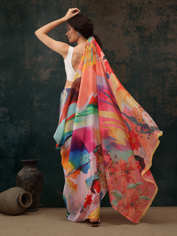 Multicolor Polyester Digital Print Abstract Saree with Unstitched Blouse - Hiral Fashion | Swadesiicart