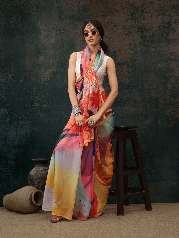 Multicolor Polyester Digital Print Abstract Saree with Unstitched Blouse - Hiral Fashion | Swadesiicart