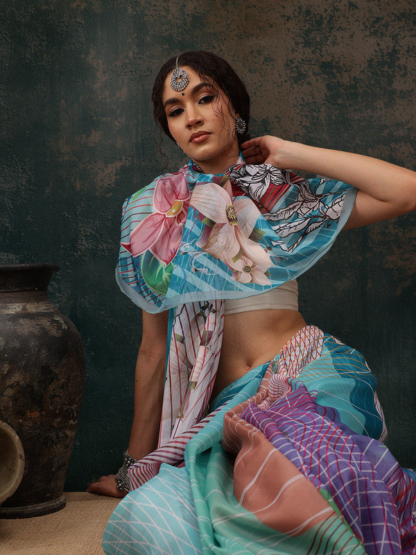 Multicolor Polyester Digital Print Abstract Saree with Unstitched Blouse - Hiral Fashion | Swadesiicart
