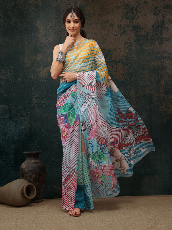 Multicolor Polyester Digital Print Abstract Saree with Unstitched Blouse - Hiral Fashion | Swadesiicart