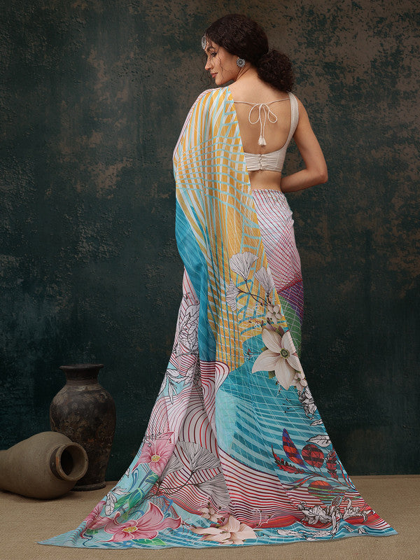 Multicolor Polyester Digital Print Abstract Saree with Unstitched Blouse - Hiral Fashion | Swadesiicart