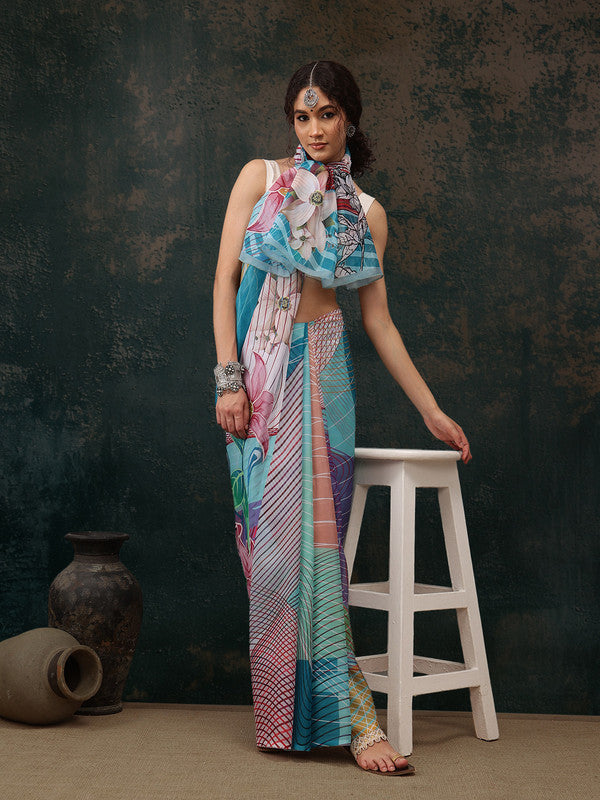 Multicolor Polyester Digital Print Abstract Saree with Unstitched Blouse - Hiral Fashion | Swadesiicart