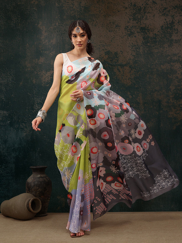 Green Polyester Digital Print Abstract Saree with Unstitched Blouse - Hiral Fashion | Swadesiicart