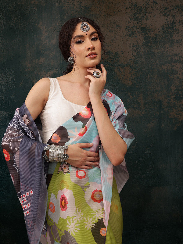 Green Polyester Digital Print Abstract Saree with Unstitched Blouse - Hiral Fashion | Swadesiicart