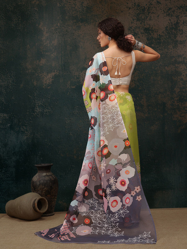 Green Polyester Digital Print Abstract Saree with Unstitched Blouse - Hiral Fashion | Swadesiicart