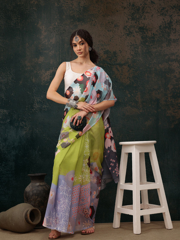Green Polyester Digital Print Abstract Saree with Unstitched Blouse - Hiral Fashion | Swadesiicart