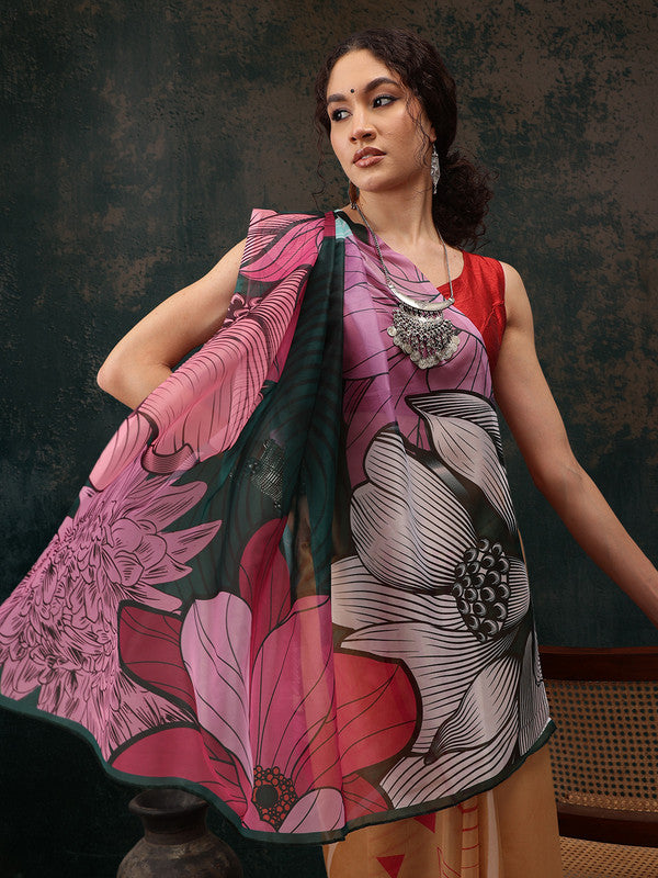 Yellow Polyester Digital Print Abstract Saree with Unstitched Blouse - Hiral Fashion | Swadesiicart