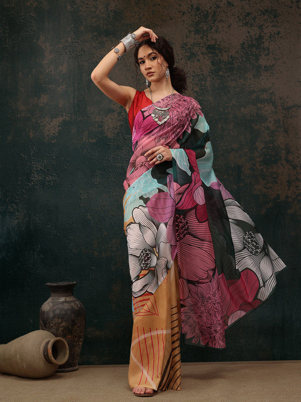 Yellow Polyester Digital Print Abstract Saree with Unstitched Blouse - Hiral Fashion | Swadesiicart