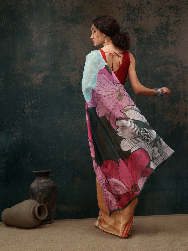 Yellow Polyester Digital Print Abstract Saree with Unstitched Blouse - Hiral Fashion | Swadesiicart