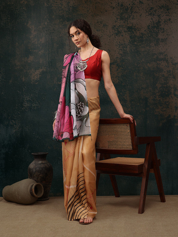 Yellow Polyester Digital Print Abstract Saree with Unstitched Blouse - Hiral Fashion | Swadesiicart