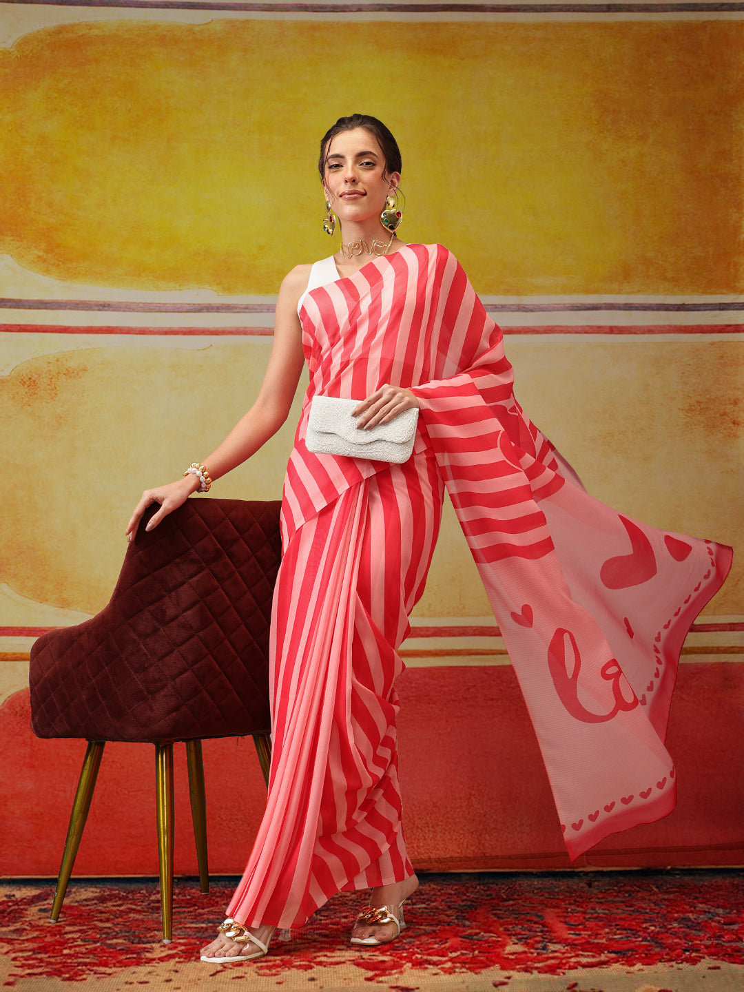 Hiral Fashion Pink Bollywood Mul Cotton Stripes Digital Printed Saree | Swadesiicart