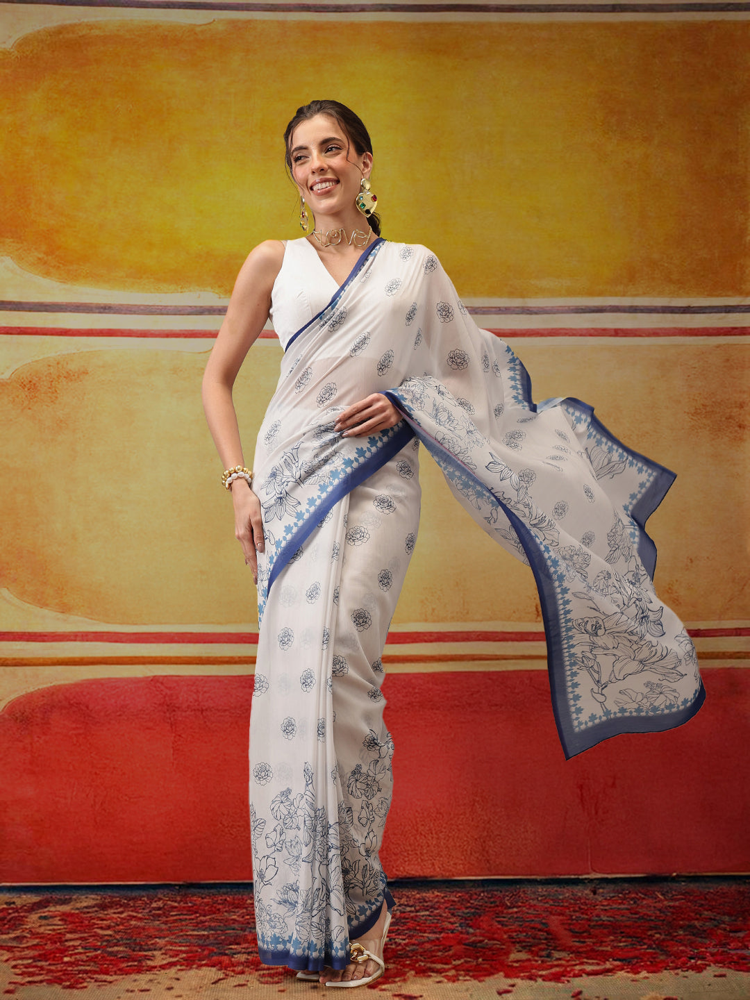 Hiral Fashion White Bollywood Mul Cotton Kalamkari Digital Printed Saree | Swadesiicart