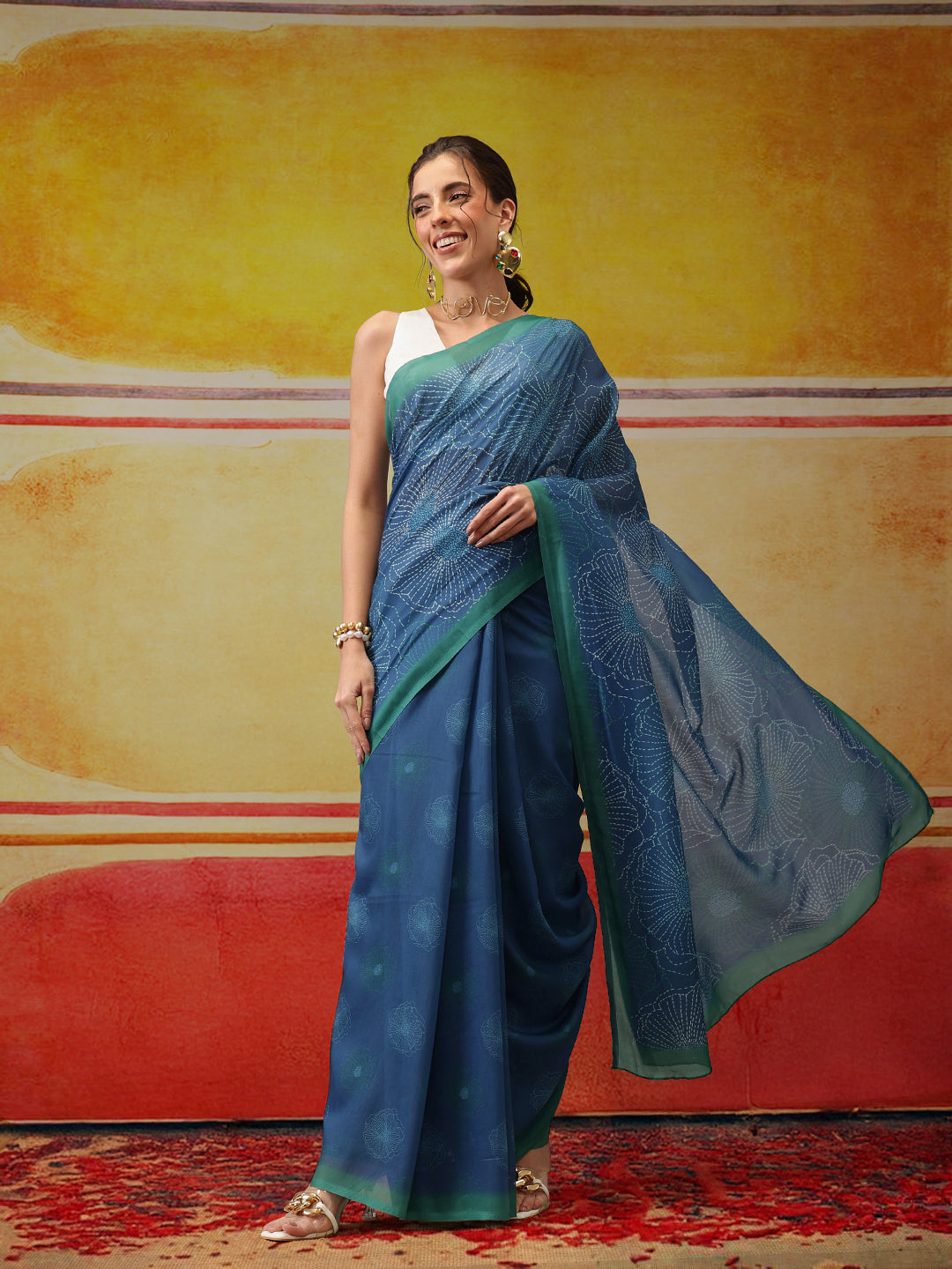 Hiral Fashion Teal Bollywood Mul Cotton Floral Digital Printed Saree | Swadesiicart