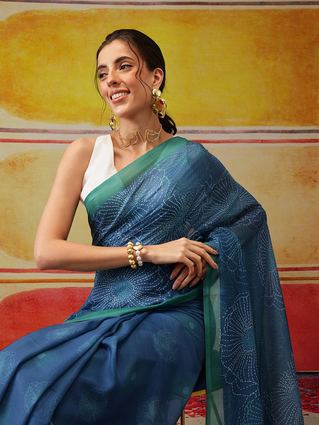 Hiral Fashion Teal Bollywood Mul Cotton Floral Digital Printed Saree | Swadesiicart