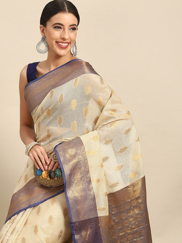 Navy Blue Tissue Silk Woven Zari Design Floral Saree with Unstitched Blouse - Hiral Fashion | Swadesiicart
