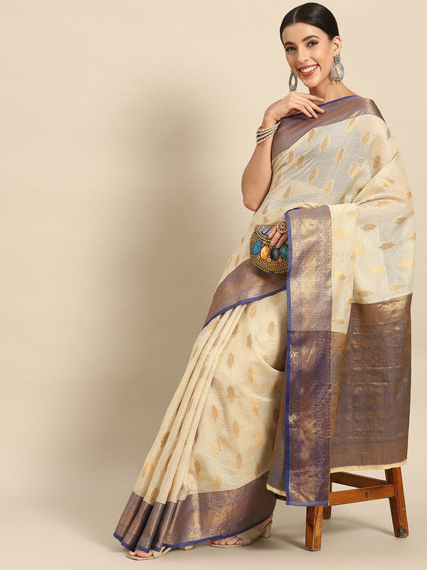 Navy Blue Tissue Silk Woven Zari Design Floral Saree with Unstitched Blouse - Hiral Fashion | Swadesiicart