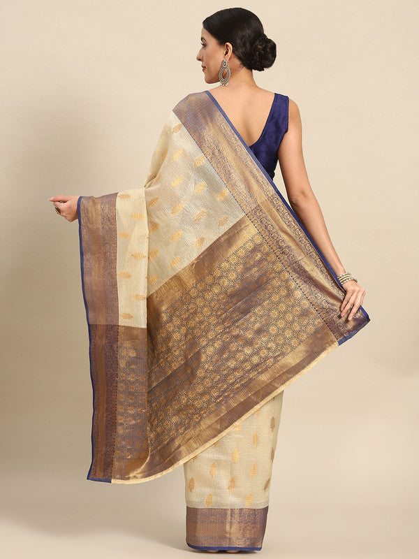 Navy Blue Tissue Silk Woven Zari Design Floral Saree with Unstitched Blouse - Hiral Fashion | Swadesiicart