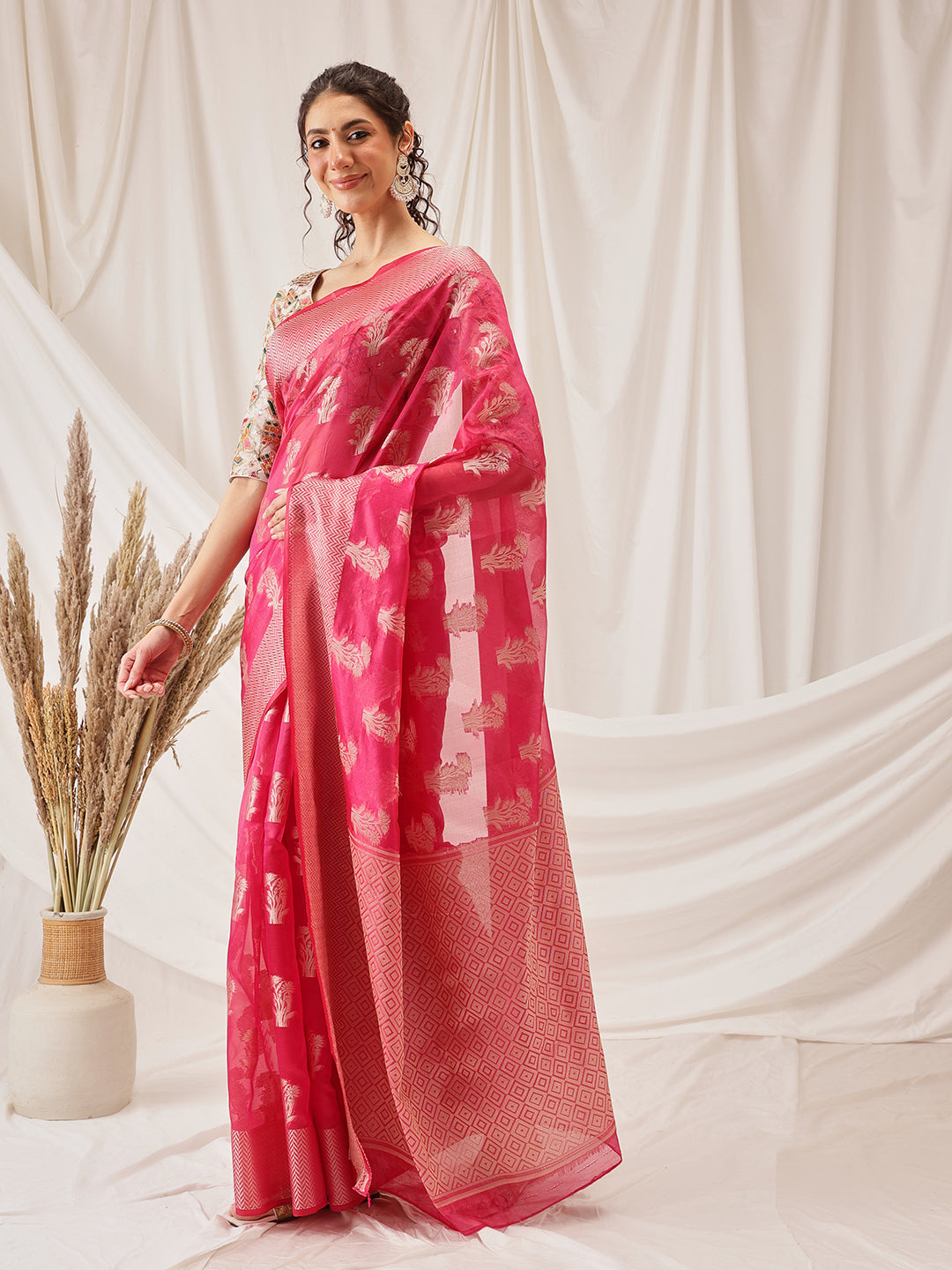 Hiral Fashion Pink Banarasi Organza Silk Floral Woven Design Saree | Swadesiicart