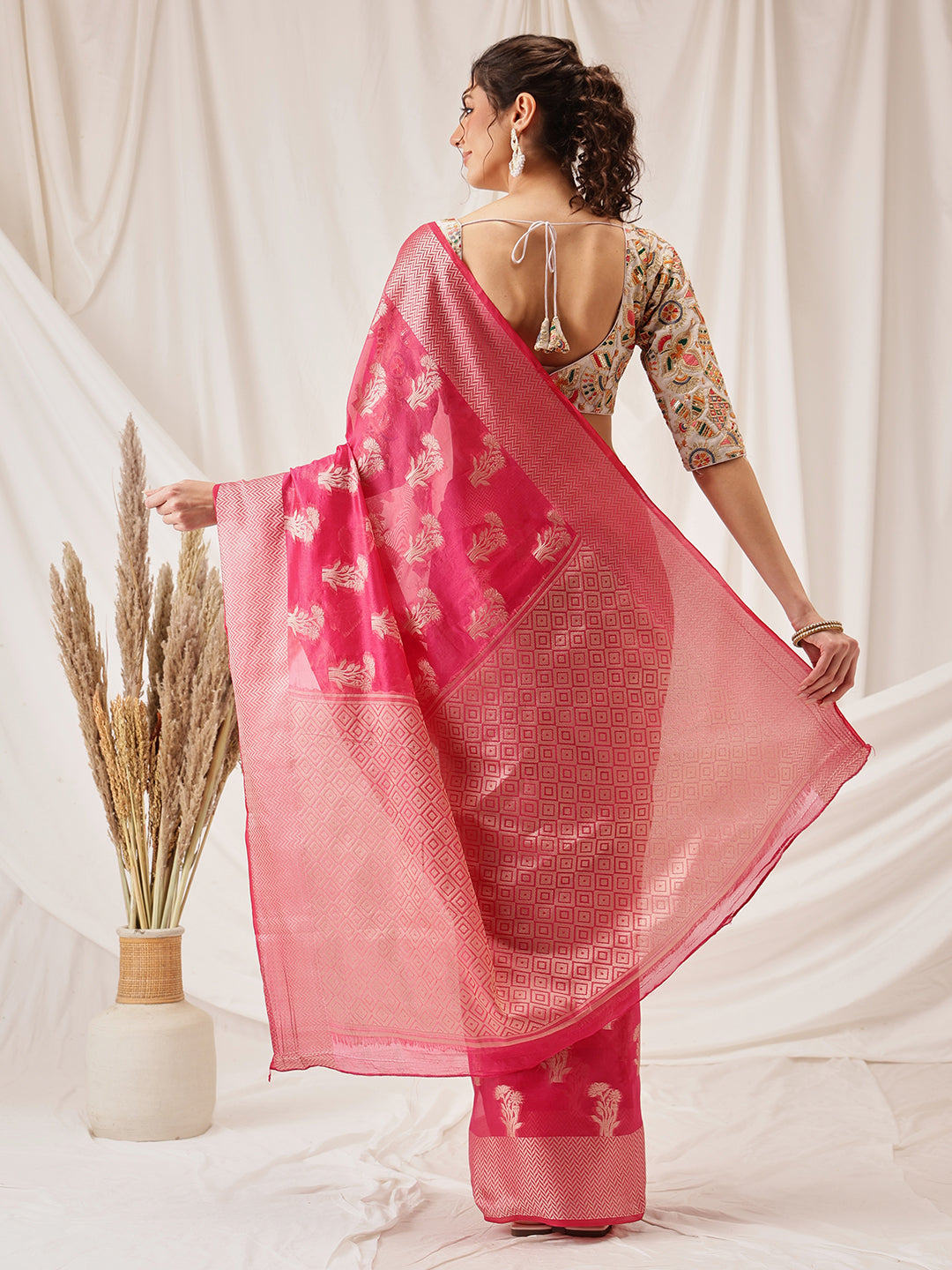 Hiral Fashion Pink Banarasi Organza Silk Floral Woven Design Saree | Swadesiicart