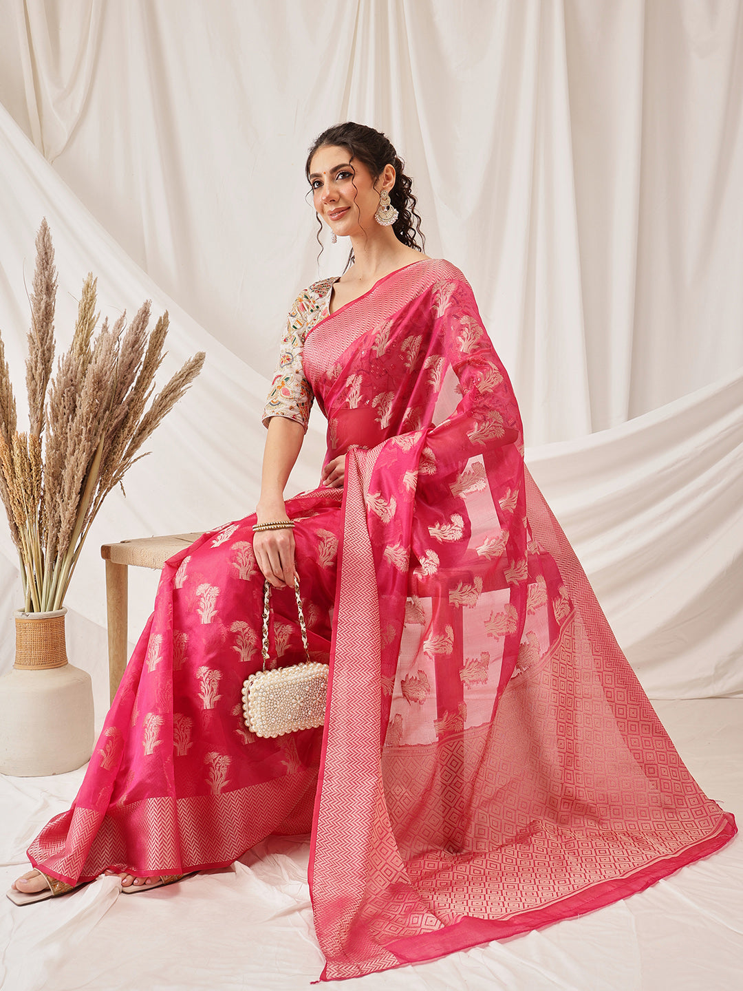 Hiral Fashion Pink Banarasi Organza Silk Floral Woven Design Saree | Swadesiicart